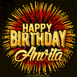 Golden 'Happy Birthday Anvita' text accompanied by animated rainbow fireworks for a festive animated greeting.