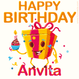 A vibrant and funny gift box character with a happy face dancing with a cupcake and the text 'Happy Birthday Anvita,' surrounded by animated confetti and party vibes.