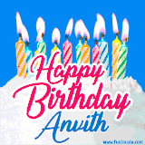 A cheerful animated GIF featuring colorful lit birthday candles on a white cake, with the text 'Happy Birthday Anvith' in bold red and blue script on a bright blue background.