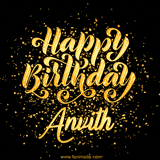 Animated GIF with colorful, festive 'Happy Birthday Anvith' text decorated with patterns, a party hat, and falling confetti. A vibrant and cheerful design for birthday celebrations.
