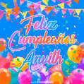 A vibrant animated GIF with 'Feliz Cumpleaños Anvith' written in colorful script, surrounded by balloons, confetti, and bunting on a bright blue background.