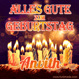 An animated GIF featuring 'Alles Gute Zum Geburtstag Anvith' in glowing red and gold letters above a cake with colorful lit candles, set against a festive sparkling background.