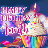 A festive animated GIF featuring a colorful cupcake with a single lit candle, sprinkles, and 'Happy Birthday Anvith' text against a sparkling, celebratory background.