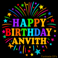 Vibrant animated GIF with 'Happy Birthday Anvith' in rainbow-colored text, surrounded by colorful stars and fireworks on a black background.