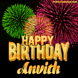A captivating GIF with bursts of green, pink, and orange fireworks lighting up the night sky, accompanied by 'Happy Birthday Anvith' in glowing golden text.