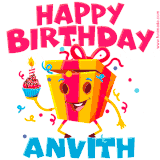 A funny animated birthday GIF with the words 'Happy Birthday Anvitha', colorful gift box with arms and legs, holding a cupcake with a lit candle  with confetti everywhere.