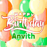 Animated GIF featuring colorful balloons in the background with the cheerful text 'Happy Birthday Anvith'.
