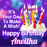 A colorful birthday GIF for Anvitha featuring a cupcake with vibrant lit candles and the text 'It's Your Day to Make a Wish! Happy Birthday Anvitha' in bold letters on a festive purple background.