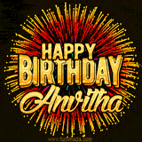 Golden 'Happy Birthday Anvitha' text accompanied by animated rainbow fireworks for a festive animated greeting.