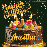 A delightful chocolate birthday cake with bright candles and 'Happy Birthday Anvitha' written in gold amidst a shower of animated stars.