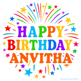 Happy Birthday Anvitha' GIF with rainbow-colored letters, colorful stars, and fireworks on white background.