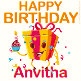 A vibrant and funny gift box character with a happy face dancing with a cupcake and the text 'Happy Birthday Anvitha,' surrounded by animated confetti and party vibes.