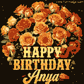 Beautiful bouquet of orange and red roses for Anya, golden inscription and twinkling stars