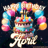 Bright birthday animation for April with a chocolate cake, candles, balloons, and glowing celebratory lights.