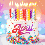 A cheerful white birthday cake with multicolor sprinkles, lit candles, and 'April' written in vibrant letters, in an animated GIF.