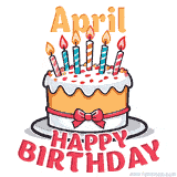 Cartoon birthday cake with a red bow, glowing candles, and 'April Happy Birthday' text in bold animated style.