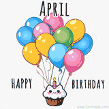 An adorable and cute cupcake with a smiley face and moving colorful balloons create a joyful birthday greeting for April in this cheerful animated greeting E-card.