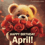 Cinematic style cute animated teddy bear with charming features holding a large bouquet of red roses, the words say 'Happy Birthday April' in sans serif font.