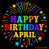 Personalized greeting card with name, colorful text that says 'Happy Birthday April' surrounded by animated fireworks and multicolor stars