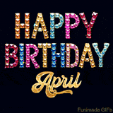 Vibrant luxury birthday greeting card for April, showing glittering gemstone letters and golden calligraphy on a dark background with twinkling shine effects.