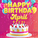 Pink-themed animated greeting with balloons, confetti, and a frosted cake under the message 'Happy Birthday April' in bold rounded yellow font.