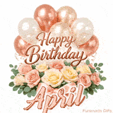 A bouquet of pastel roses and green leaves with Happy Birthday April animation