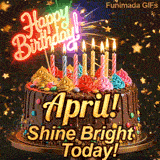 An animated birthday card displaying a detailed chocolate cake under falling gold sparkles, custom-made for April.