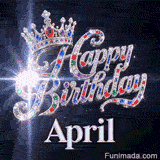 Custom birthday GIF for April showing glittering diamond-encrusted letters and a royal crown on a dark starry background.