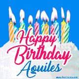 A cheerful animated GIF featuring colorful lit birthday candles on a white cake, with the text 'Happy Birthday Aquiles' in bold red and blue script on a bright blue background.