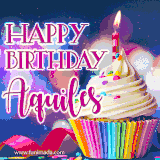 A festive animated GIF featuring a colorful cupcake with a single lit candle, sprinkles, and 'Happy Birthday Aquiles' text against a sparkling, celebratory background.