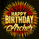 Golden 'Happy Birthday Archer' text accompanied by animated rainbow fireworks for a festive animated greeting.