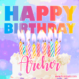 A vibrant animated name GIF with the words 'Happy Birthday Archer' with colorful candles on a creamy cake. The background sparkles with pastel shades, adding a festive touch.