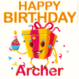 A vibrant and funny gift box character with a happy face dancing with a cupcake and the text 'Happy Birthday Archer,' surrounded by animated confetti and party vibes.