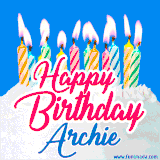 A cheerful animated GIF featuring colorful lit birthday candles on a white cake, with the text 'Happy Birthday Archie' in bold red and blue script on a bright blue background.