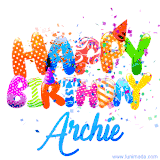 Animated GIF with colorful, festive 'Happy Birthday Archie' text decorated with patterns, a party hat, and falling confetti. A vibrant and cheerful design for birthday celebrations.