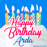 A cheerful animated GIF featuring colorful lit birthday candles on a white cake, with the text 'Happy Birthday Arda' in bold red and blue script on a bright blue background.