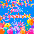 A vibrant animated GIF with 'Feliz Cumpleaños Arda' written in colorful script, surrounded by balloons, confetti, and bunting on a bright blue background.