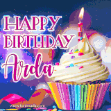 A festive animated GIF featuring a colorful cupcake with a single lit candle, sprinkles, and 'Happy Birthday Arda' text against a sparkling, celebratory background.