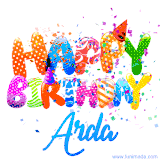 Animated GIF with colorful, festive 'Happy Birthday Arda' text decorated with patterns, a party hat, and falling confetti. A vibrant and cheerful design for birthday celebrations.