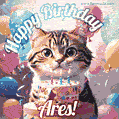 Happy birthday gif for Ares with cat and cake