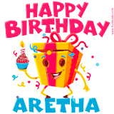 A vibrant and funny gift box character with a happy face dancing with a cupcake and the text 'Happy Birthday Aretha,' surrounded by animated confetti and party vibes.