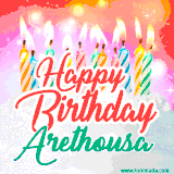 Bright birthday candles with rainbow flames on a cake, alongside the text 'Happy Birthday Arethousa' in vibrant script in this celebratory animated GIF.