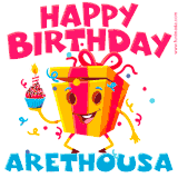 A vibrant and funny gift box character with a happy face dancing with a cupcake and the text 'Happy Birthday Arethousa,' surrounded by animated confetti and party vibes.