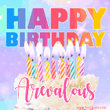 A vibrant animated name GIF with the words 'Happy Birthday Arevalous' with colorful candles on a creamy cake. The background sparkles with pastel shades, adding a festive touch.