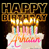 A vibrant animated GIF featuring a delicious birthday cake topped with glowing candles and the name 'Arhaan' in elegant script, and the words 'Happy Birthday' on the black background.