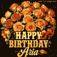 Beautiful bouquet of orange and red roses for Aria, golden inscription and twinkling stars
