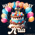 Hand-drawn happy birthday cake adorned with an arch of colorful balloons - name GIF for Aria