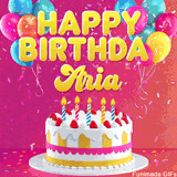 Pink-themed animated greeting with balloons, confetti, and a frosted cake under the message 'Happy Birthday Aria' in bold rounded yellow font.