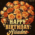 Beautiful bouquet of orange and red roses for Ariadne, golden inscription and twinkling stars