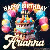 Bright birthday animation for Arianna with a chocolate cake, candles, balloons, and glowing celebratory lights.